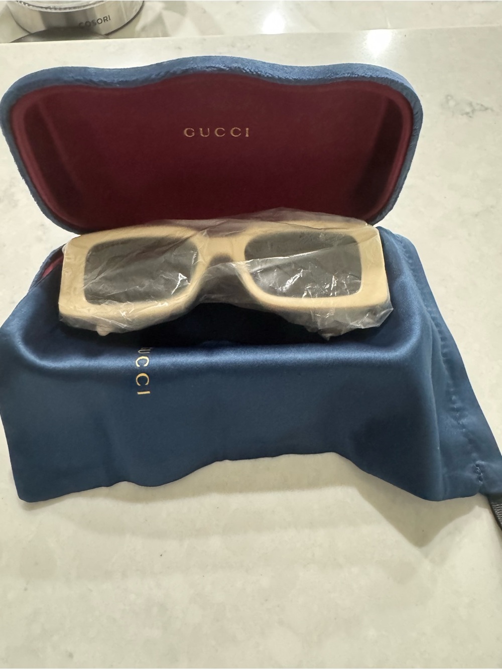 Gucci Beige Rectangular Sunglasses with Dark Lenses